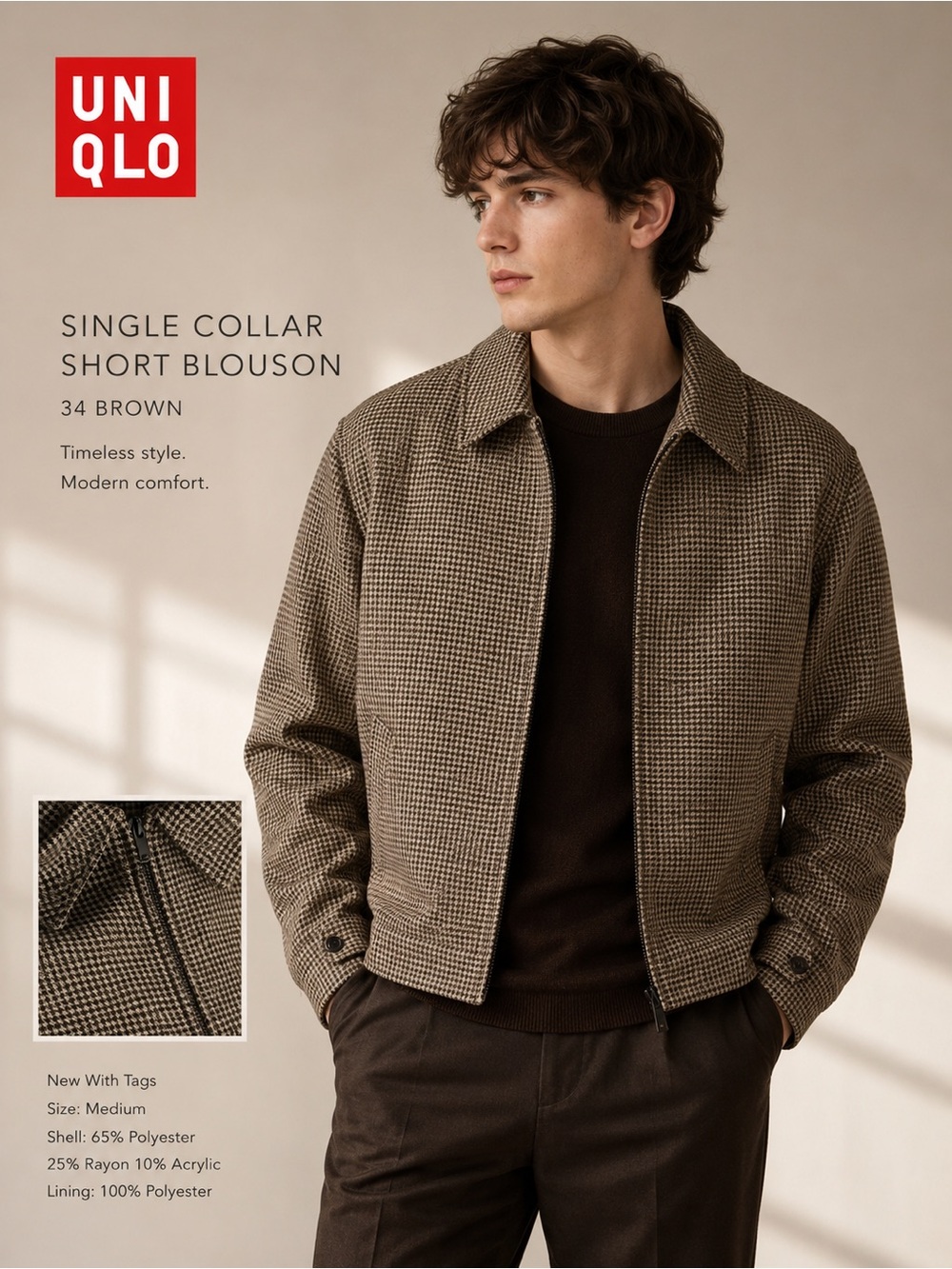 Uniqlo Single Collar Short Blouson Jacket Brown Houndstooth NWT Medium $99